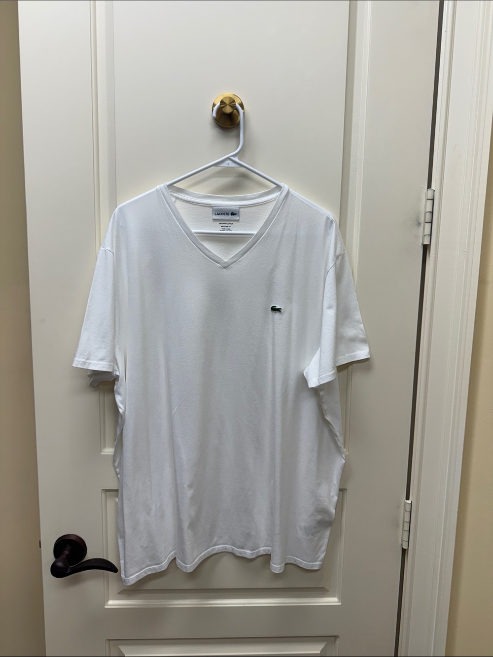Lacoste White V-Neck Short Sleeve Tee with Green Crocodile Logo